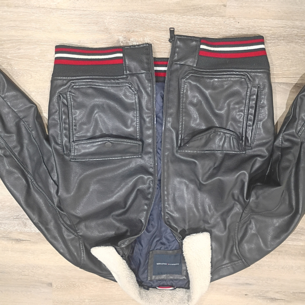 Tommy Hilfiger Black Leather Jacket with Red Stripes